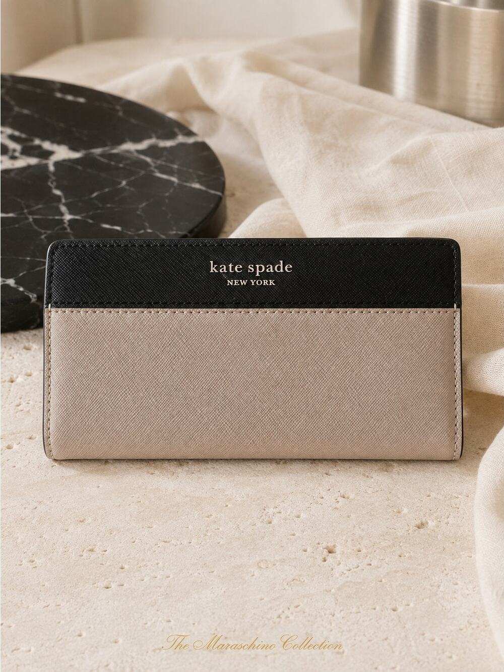 Kate Spade Cameron Large Slim Bifold Wallet Warm Beige Black Leather
